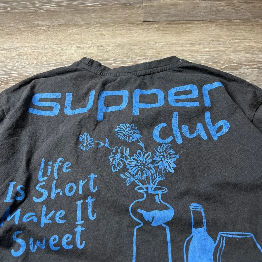 Recycled Threads Supper Club T-Shirt Mens L Black Blue Graphic Tee Wine Foodie